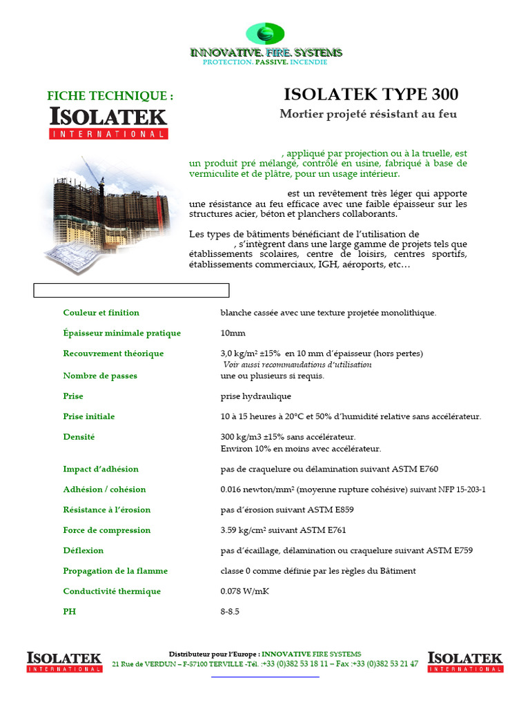 Mortier ISOLATEK TYPE 300 : Protection Incendie | PDF | Béton | Acier