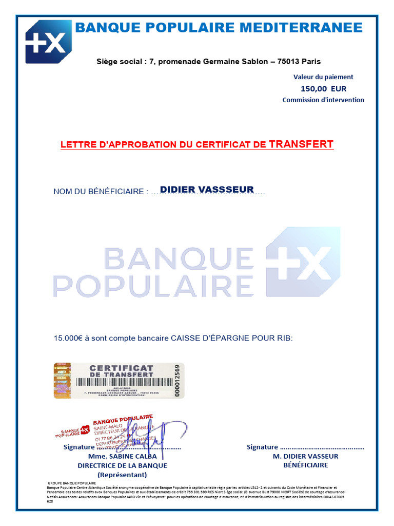 Certificat de Transfert de Fonds Banque Populaire | PDF | Banques ...