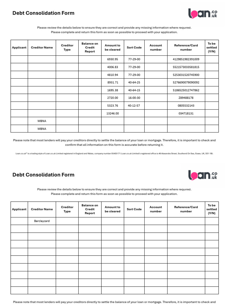 Debt Consolidation Form | PDF | Credit | Finance & Money Management