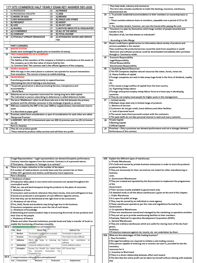 11th Std Commerce Half-Yearly Exam Key | PDF | Banks | Factoring (Finance)