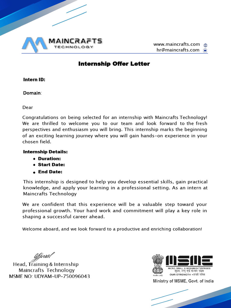Internship Offer Letter - Maincrafts Technology | PDF