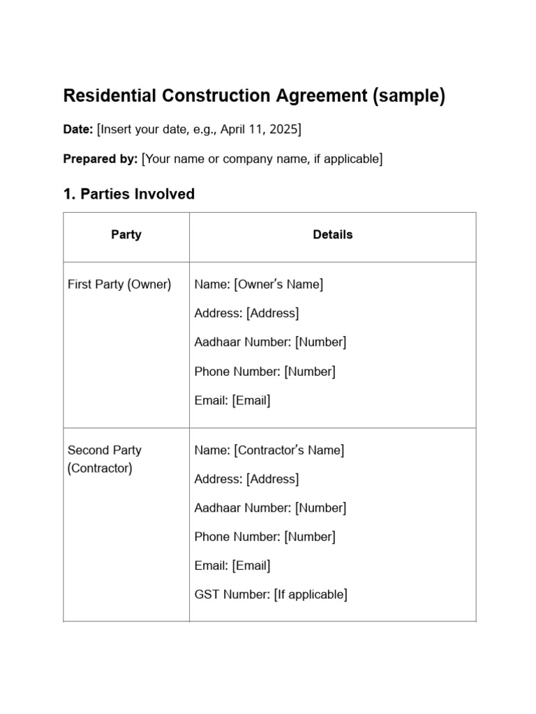 Sample Residential Construction Agreement | PDF | Civil Engineering ...