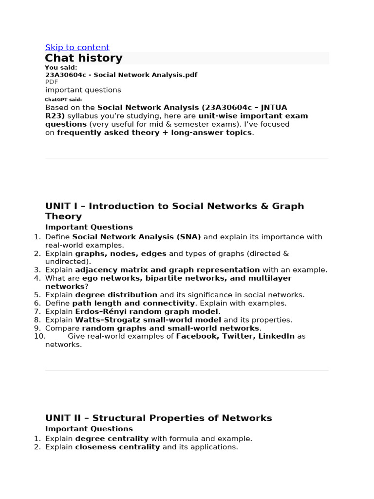 Important Questions for Social Network Analysis | PDF | Mathematical ...