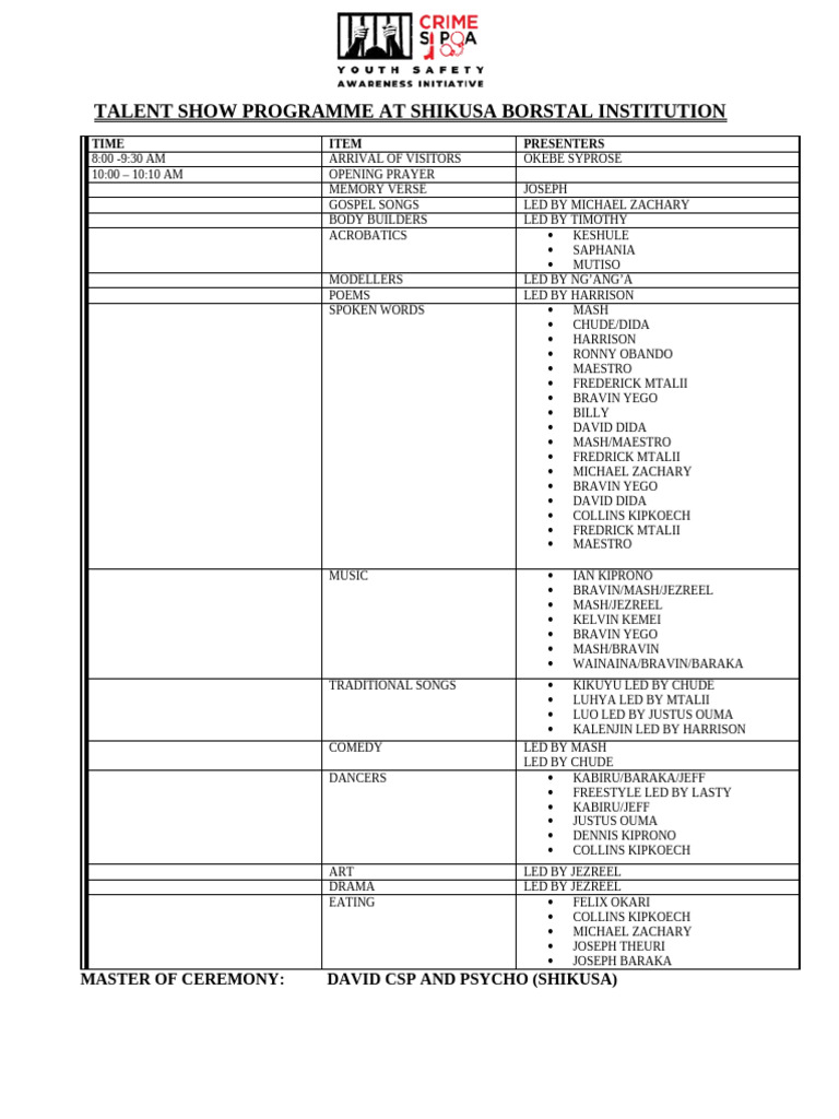 Talent Show Programme Held at the Shikusa Borstal Institution | PDF | Kenya