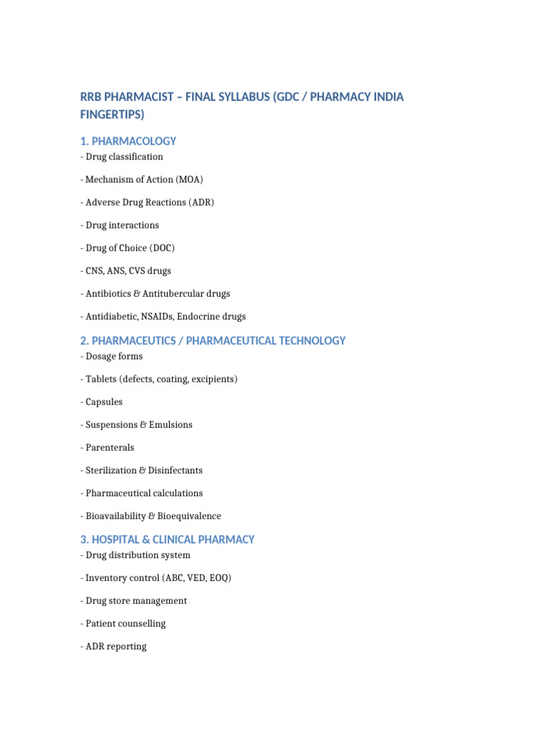 RRB Pharmacist Final Syllabus Overview | PDF
