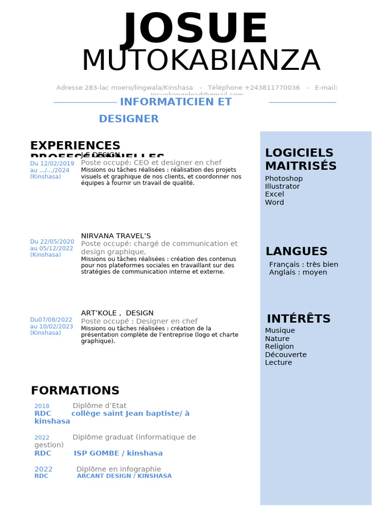 CV de Josue Mutokabianza - Designer et Informaticien | PDF ...