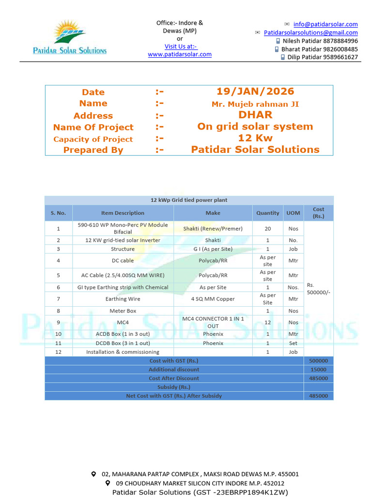 Commercial Quotation_Solar_12kw_ Mujeb rahman | PDF | Sustainable ...