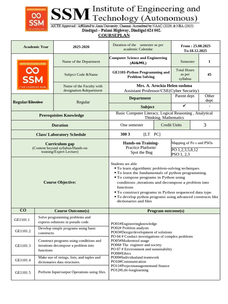 Python Programming Course Plan 2025-26 | PDF | Parameter (Computer ...
