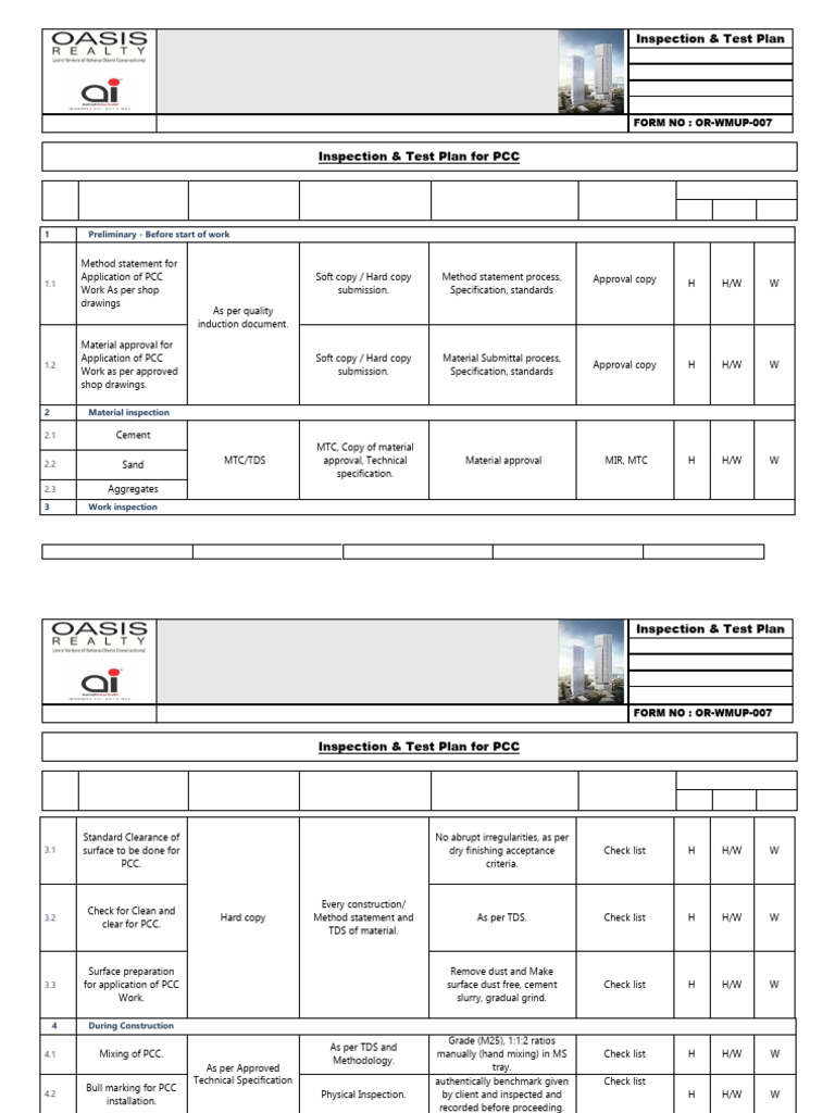 PCC Inspection & Test Plan Overview | PDF | Specification (Technical ...