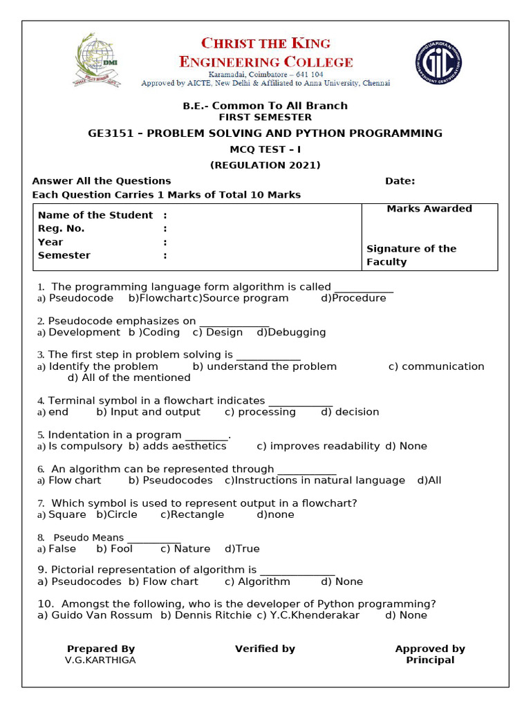 Python Programming MCQ Test - First Semester | PDF