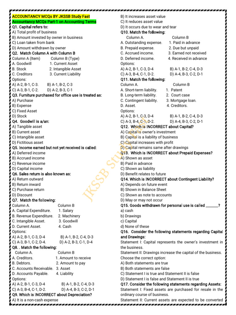 Accountancy MCQs for JKSSB Exam Prep | PDF | Debits And Credits ...