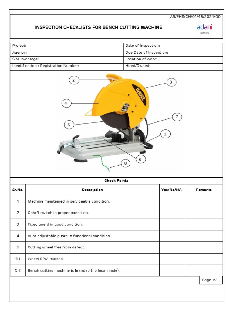 Bench Cutting Machine Inspection Checklist | PDF