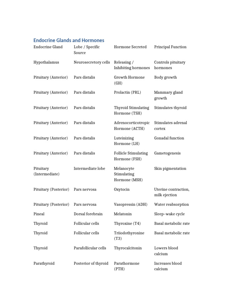 Endocrine Glands Table | PDF | Endocrine System | Pituitary Gland