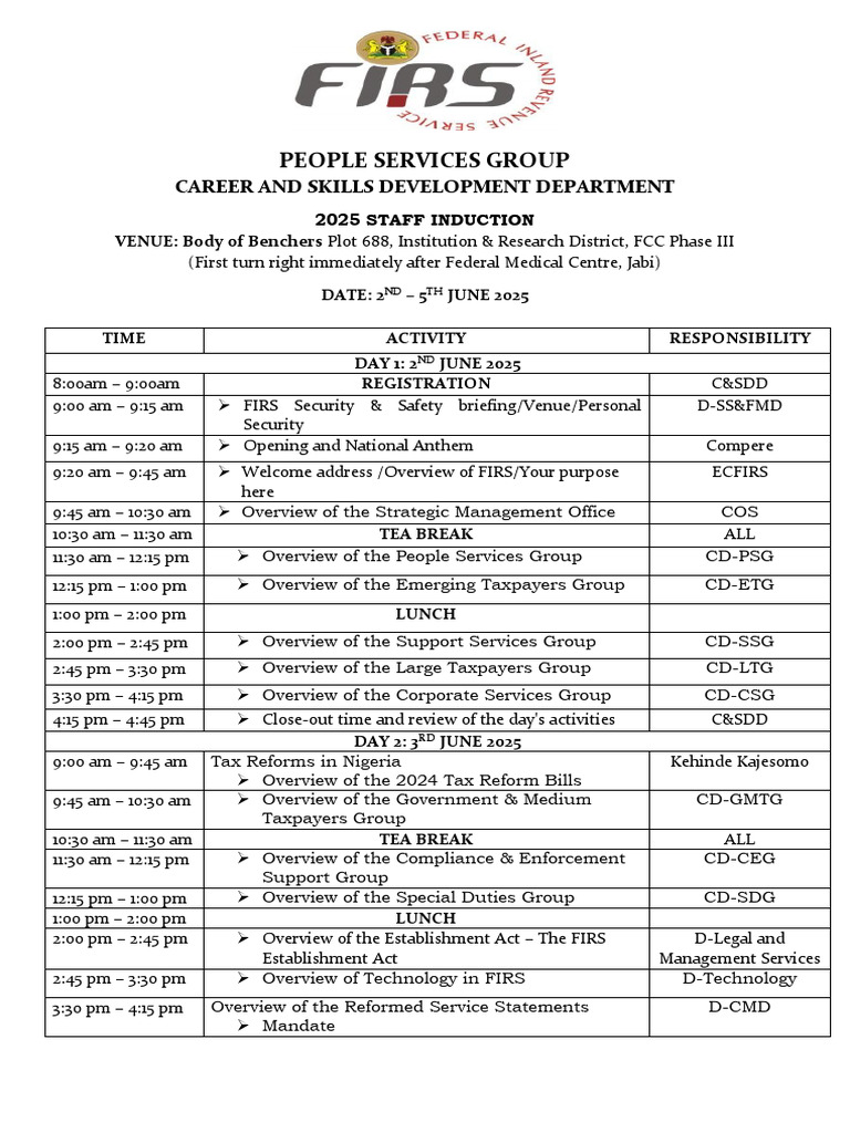 2025 FIRS Staff Induction Schedule | PDF