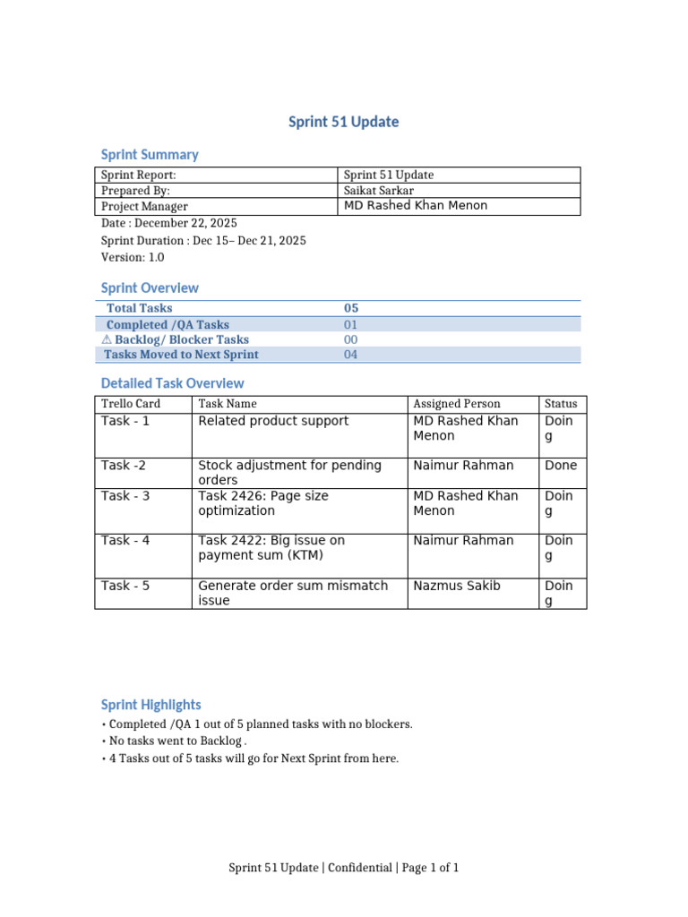 Sprint 51 Summary and Task Overview | PDF