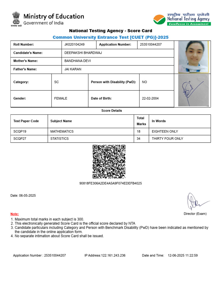 Cuet Pg Score Card | PDF