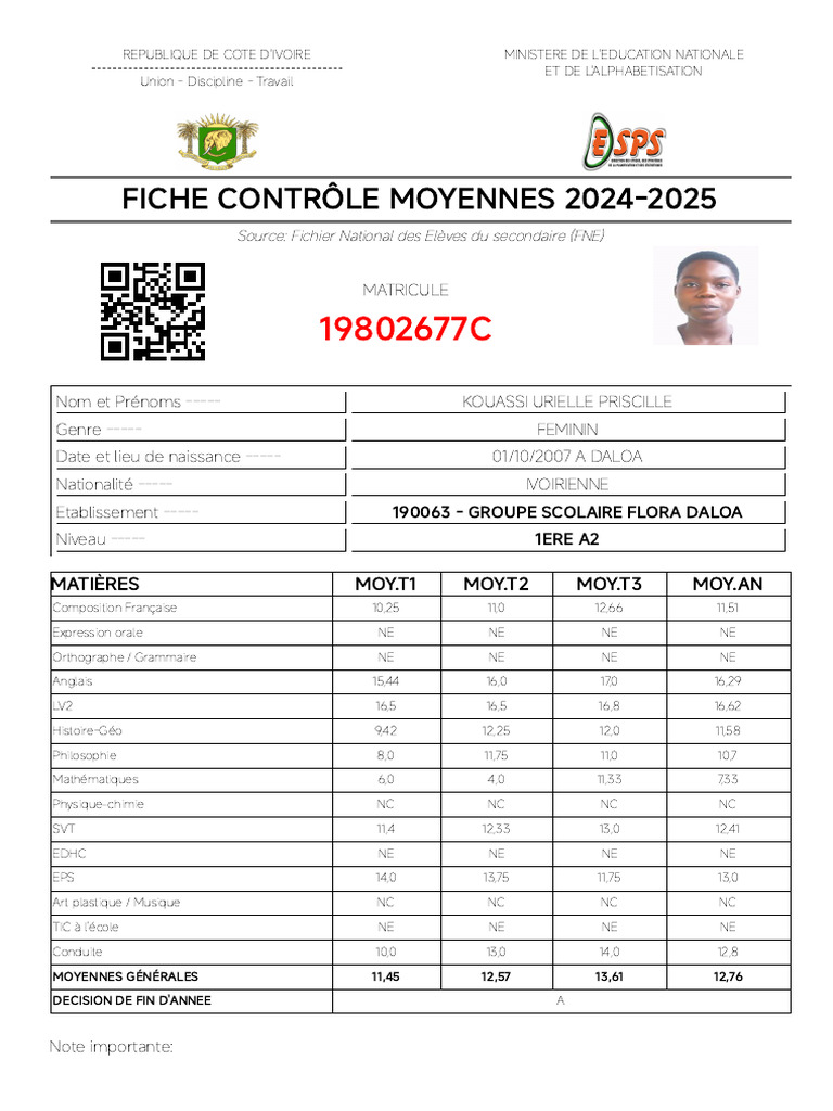 Fiche de Contrôle des Moyennes 2024-2025 | PDF