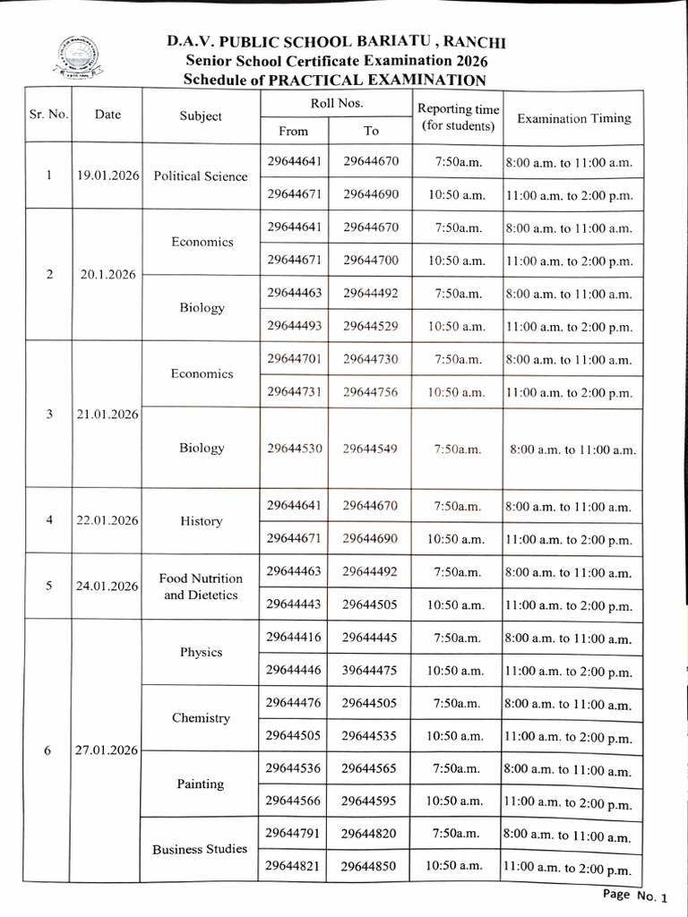 2026 Practical Exam Schedule D.A.V. Ranchi | PDF | Educational Stages ...