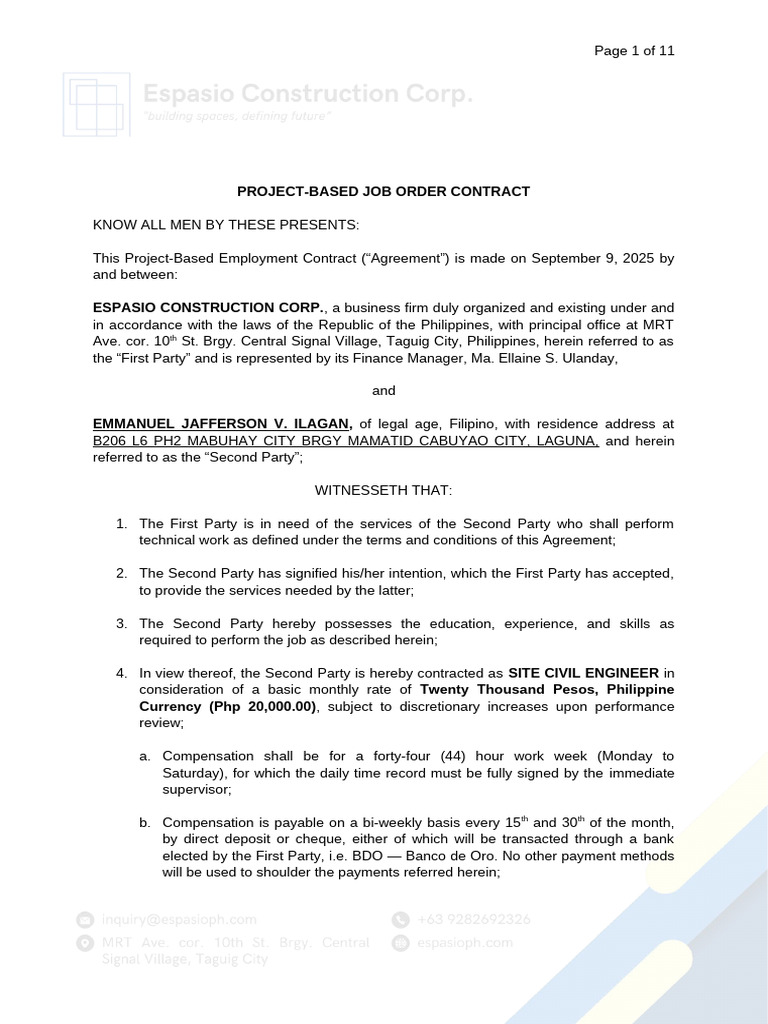 Project-Based Employment Contract for Civil Engineer | PDF ...