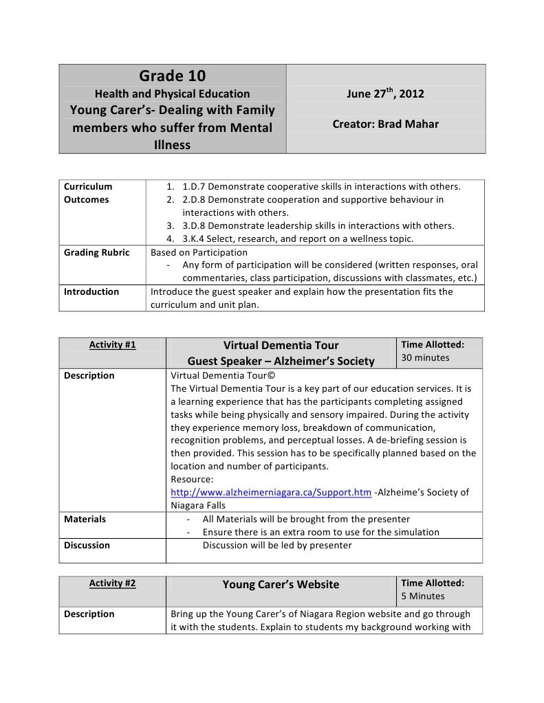 mental health lesson plan 5 | Caregiver | Dementia