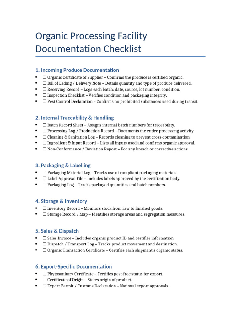 Organic Processing Facility Checklist | PDF