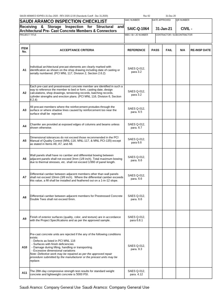 Precast Concrete Inspection Checklist | PDF | Precast Concrete | Concrete