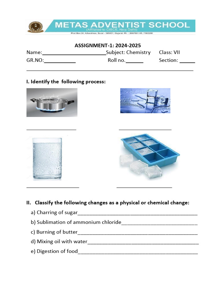 Chemistry Assignment for Class VII | PDF