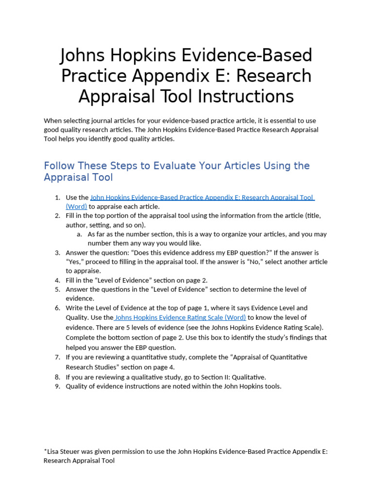 Jh Evidence Based Practice Research Appraisal Tool Instructions | PDF