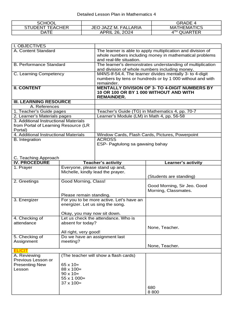 Grade 4 Math Lesson Plan: Division Skills | PDF | Division (Mathematics ...