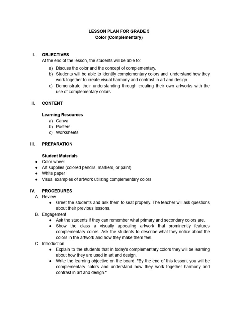 Grade 5 Lesson Plan: Complementary Colors | PDF | Lesson Plan ...