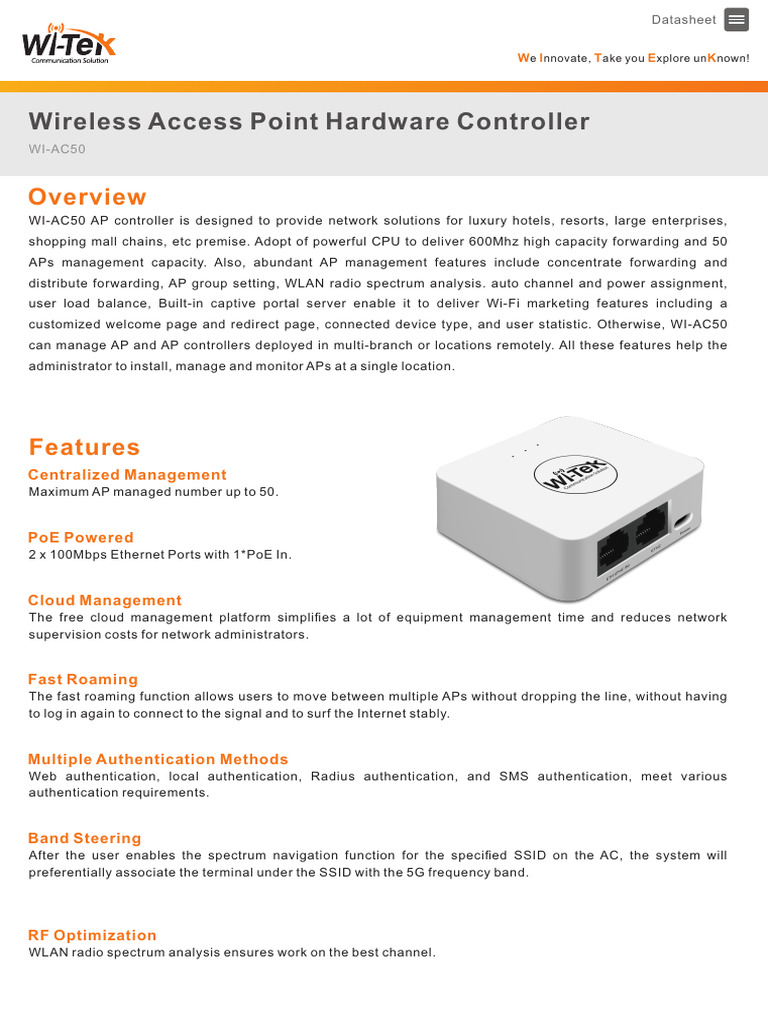 WI-AC50 Wireless AP Controller Datasheet | PDF | Wireless Lan ...