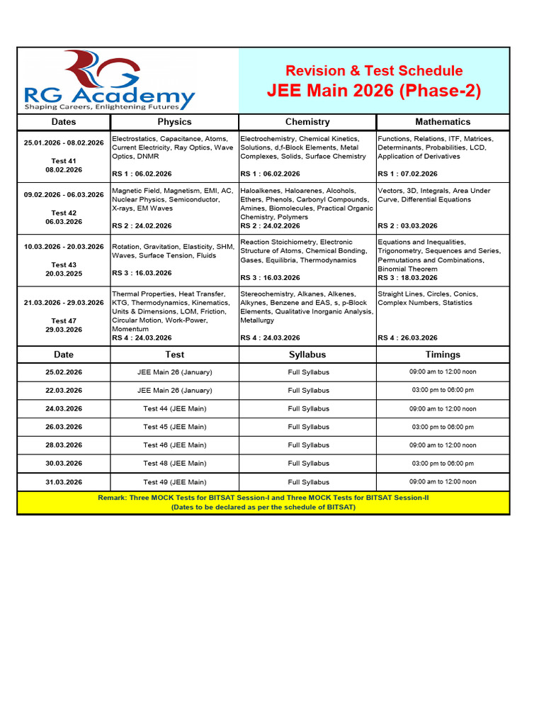 JEE Main 2026 Revision & Test Schedule | PDF | Chemistry | Physical ...