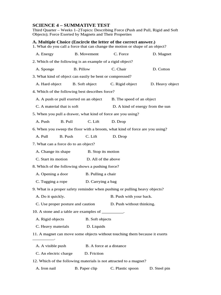 Science 4: Force and Magnetism Test | PDF | Magnet | Magnetism