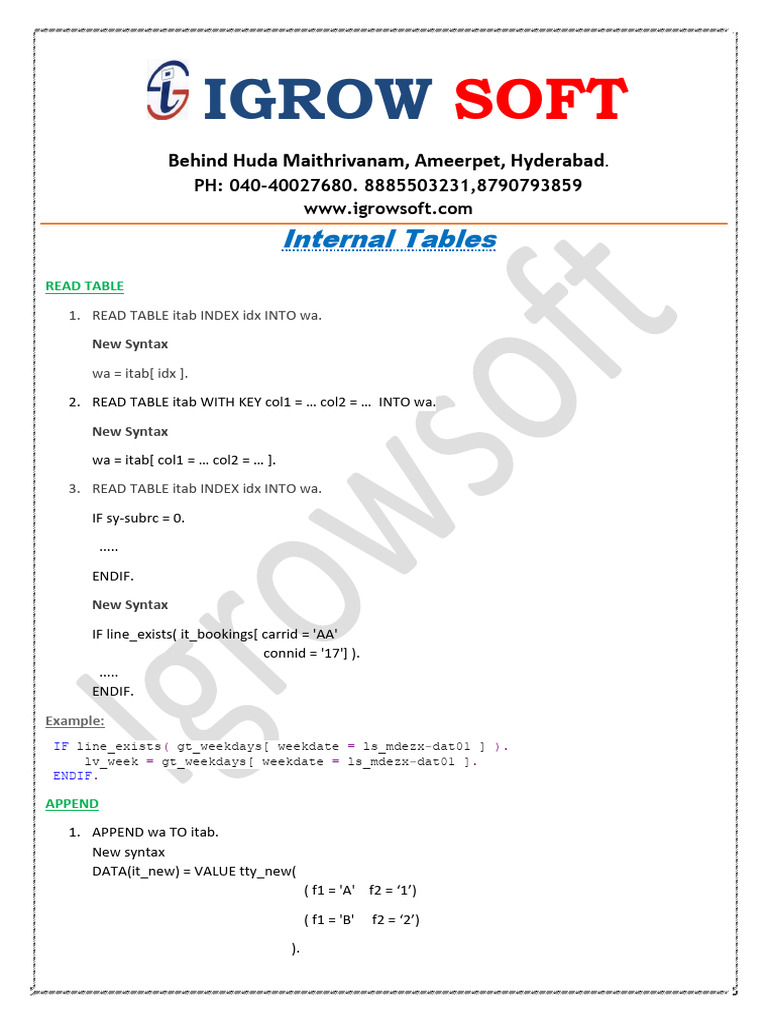 Internal Tables - New Syntax7.4 | PDF | Computer Programming | Software ...