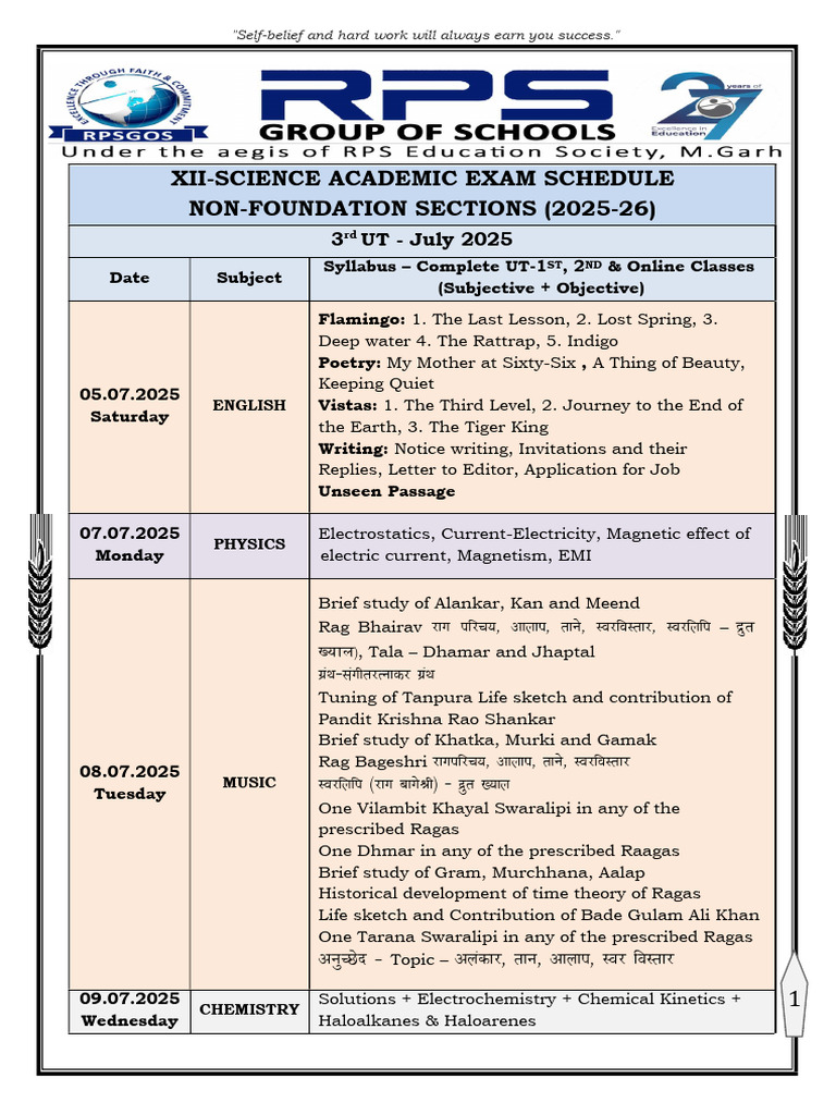 XII Academic Exam Schedule 2025-26 | PDF | Function (Mathematics ...