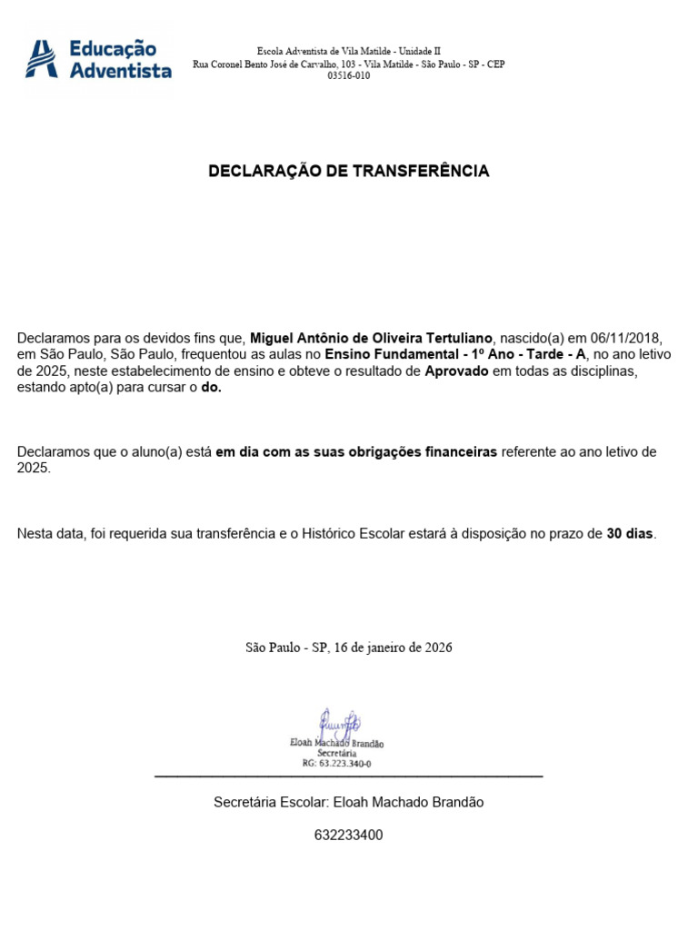 Declaração de Transferência Escolar 2026 | PDF