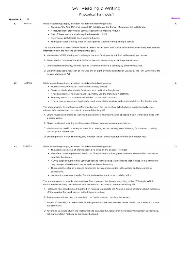 SAT Rhetorical Synthesis Answers | PDF