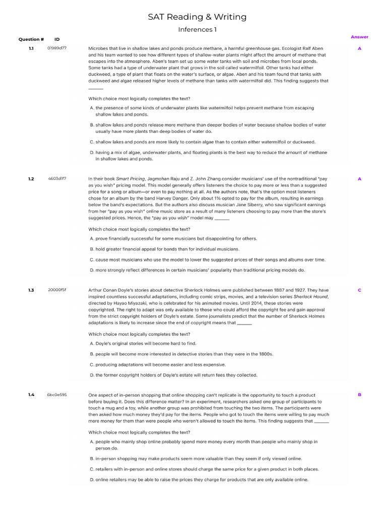 SAT Reading Inferences Answers | PDF