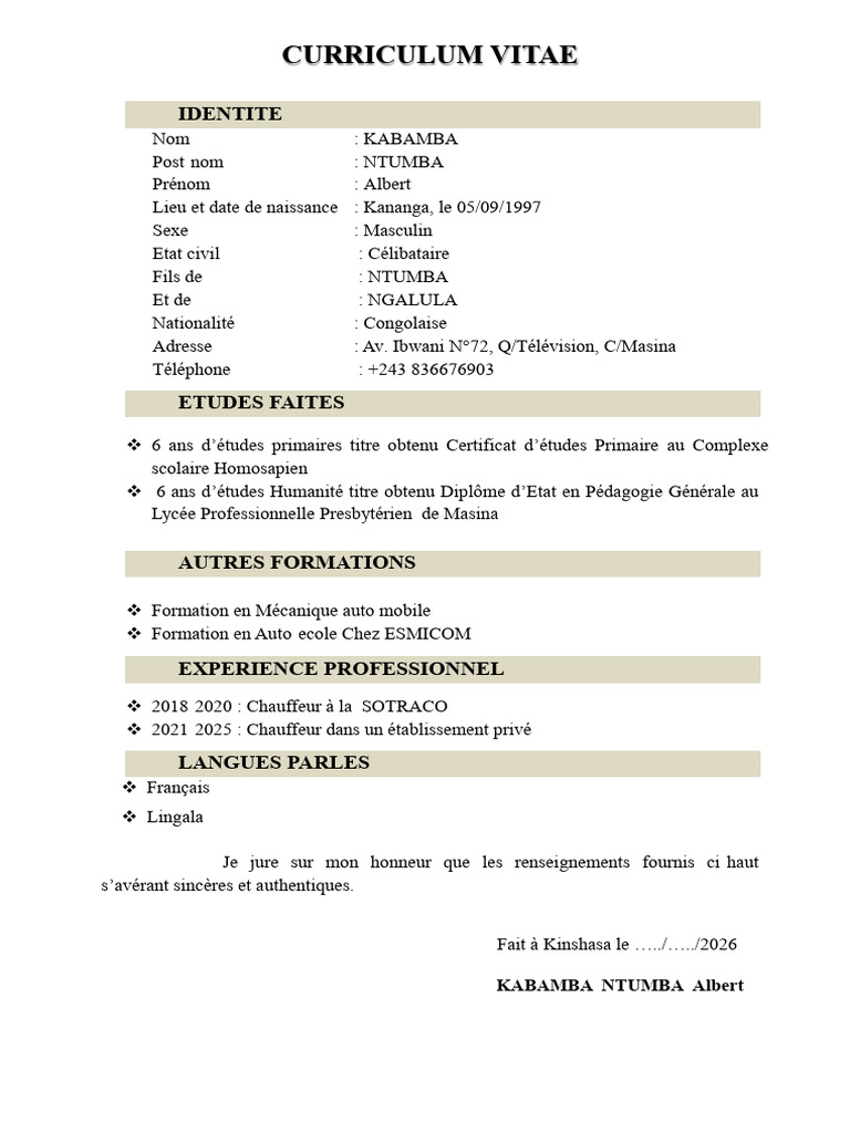 CV d'Albert Kabamba Ntumba | PDF