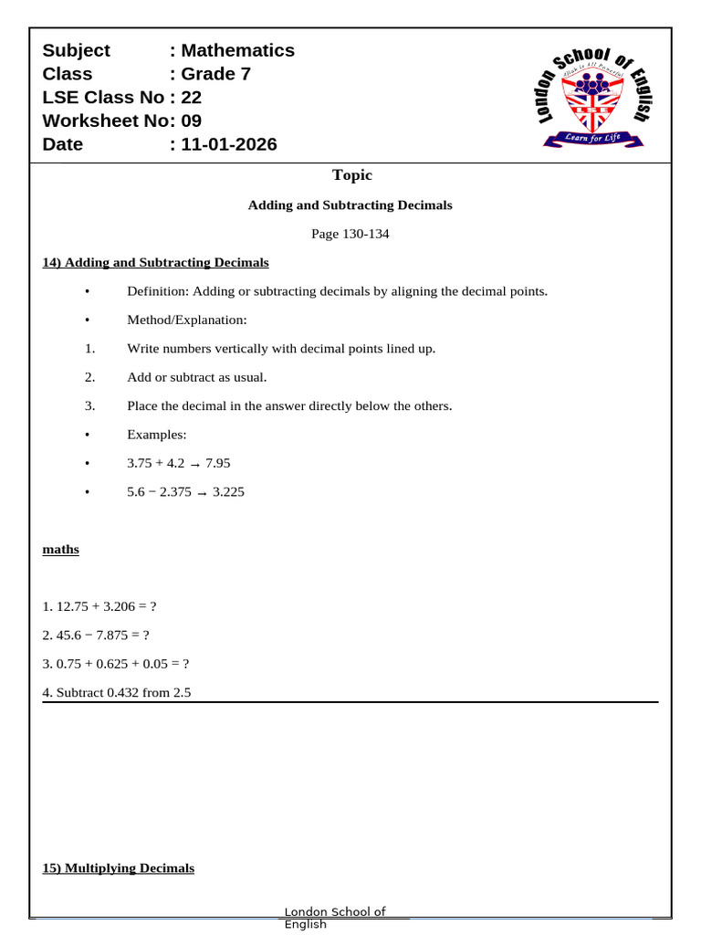 Adding and Subtracting Decimals Worksheet | PDF