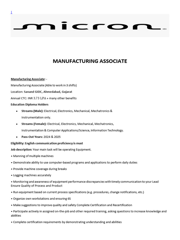 Manufacturing Associate Job in Ahmedabad | PDF | Business