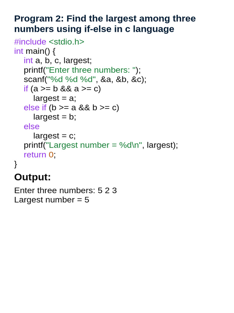 Largest of Three Numbers in C | PDF