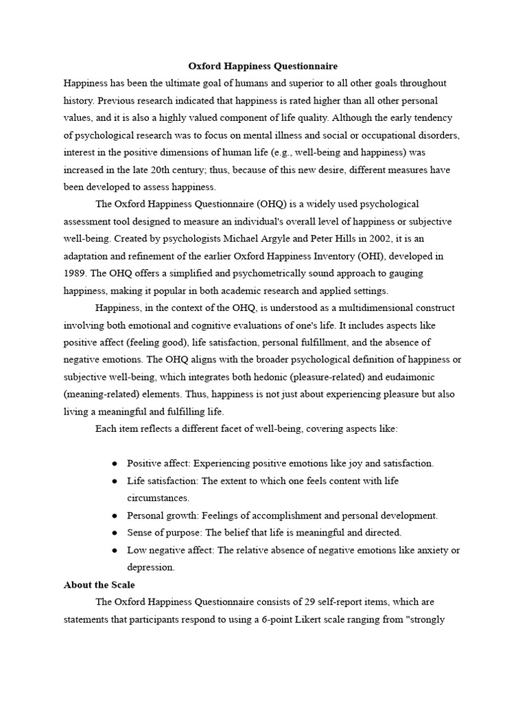 Oxford Happiness Questionnaire | PDF | Well Being | Happiness