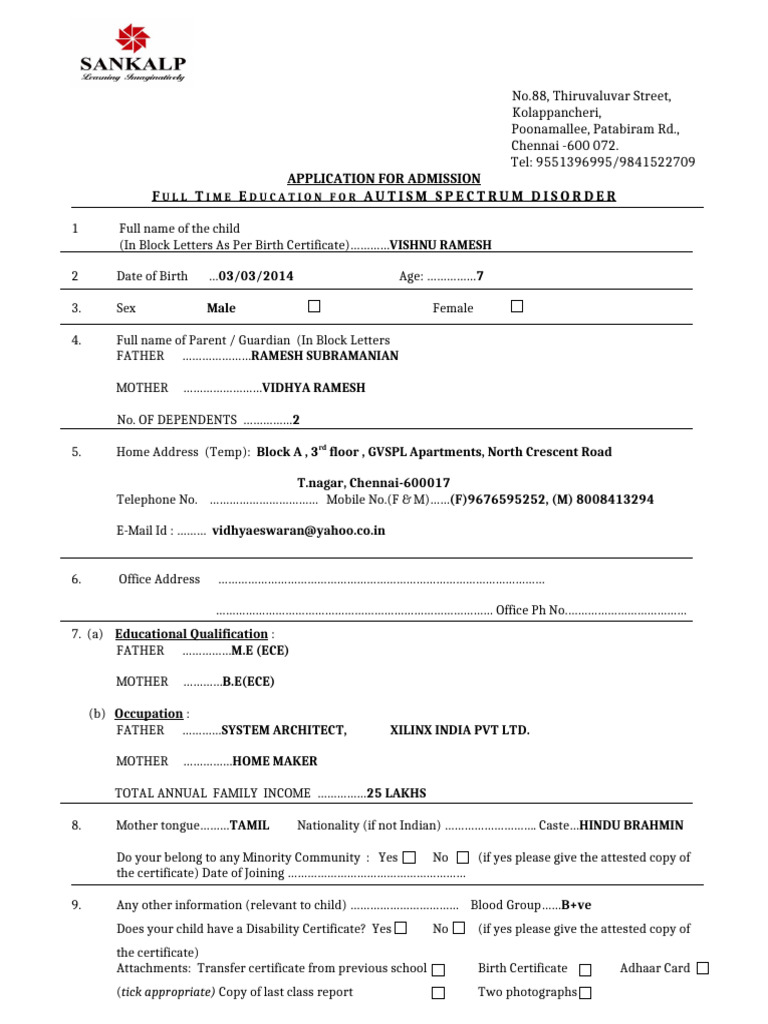 Admission Application for Autism Education | PDF | Payments