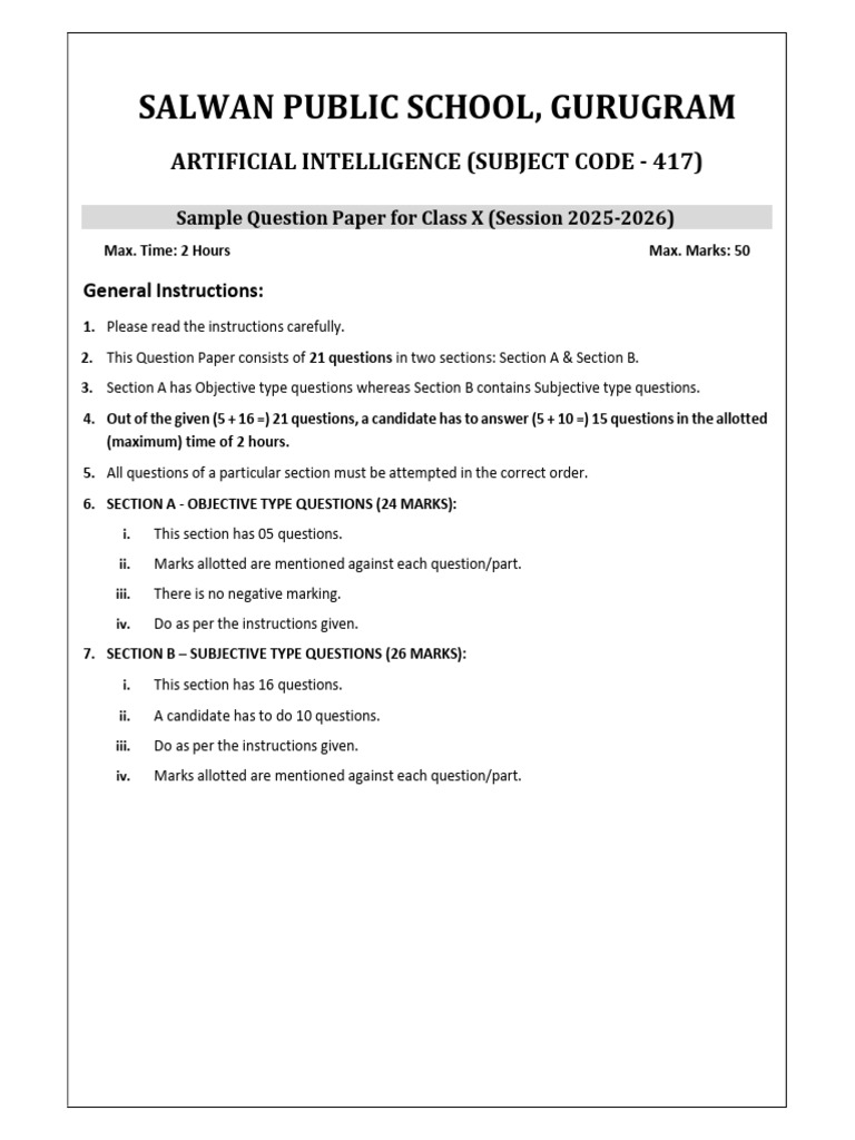 Class X AI Sample Question Paper 2025-26 | PDF | Machine Learning ...