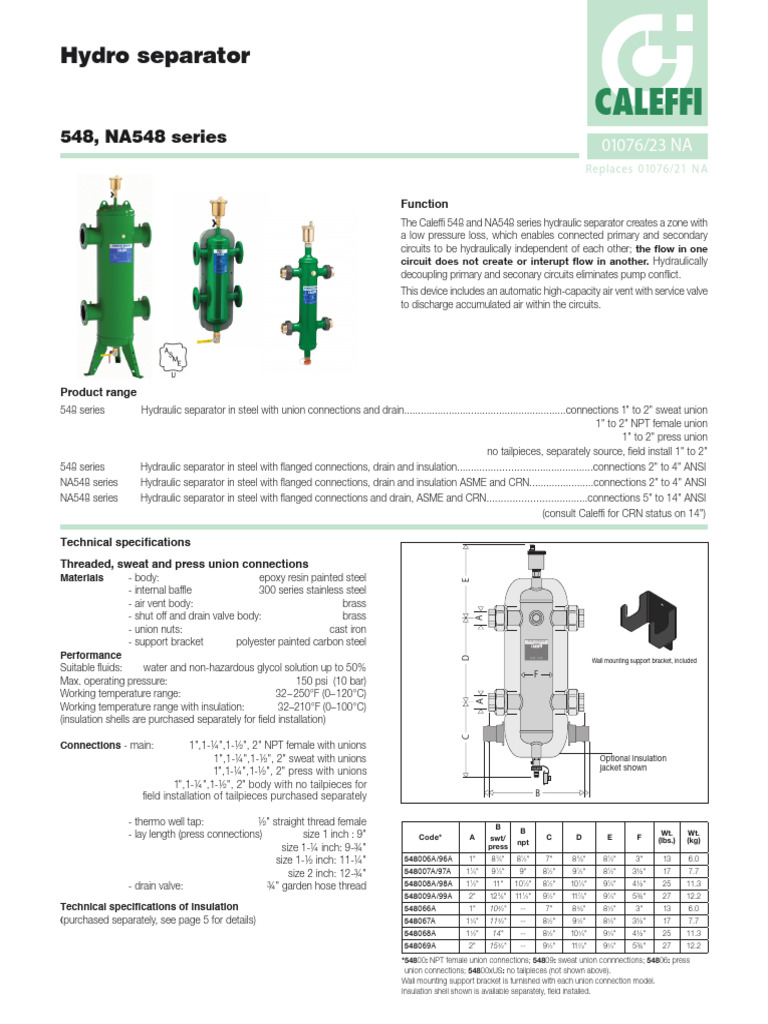 Caleffi Hydraulic Separator Specifications | PDF | Materials ...