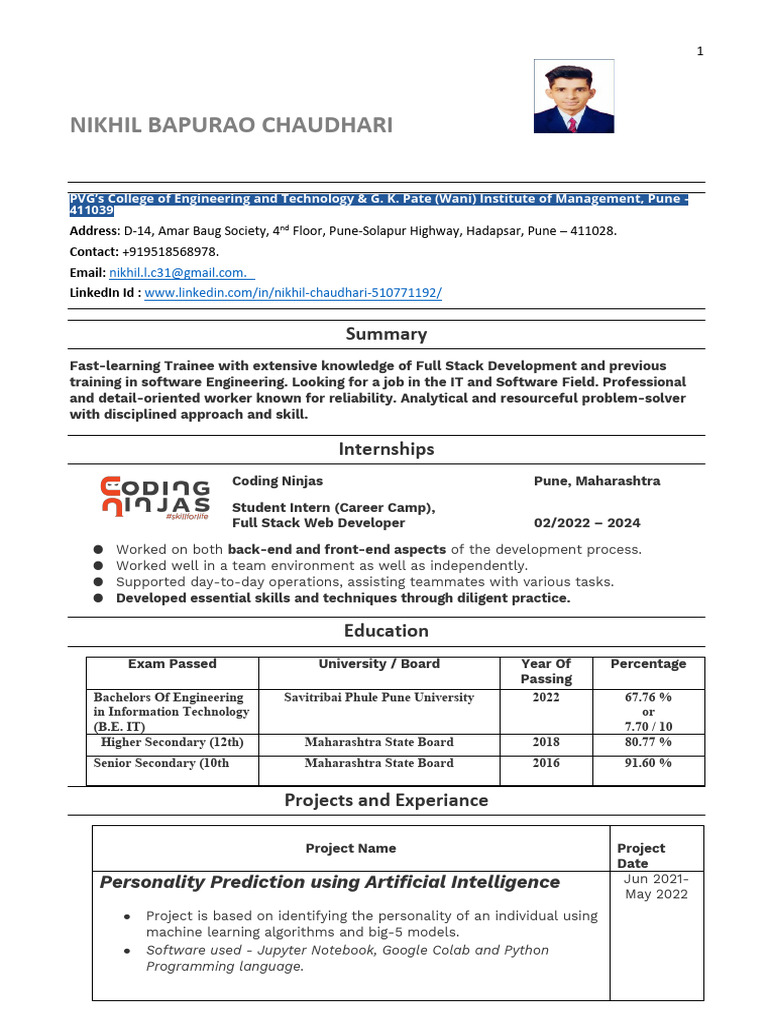 Nikhil Chaudhari: Full Stack Developer Resume | PDF | Computing | Learning