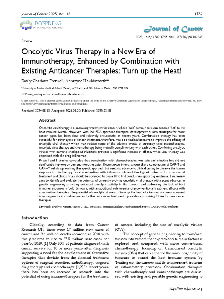 Oncolytic Virus Therapy and Immunotherapy | PDF | Immune System ...