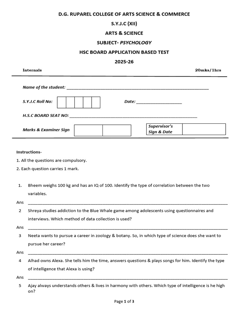 HSC Psychology Test Questions 2025-26 | PDF | Attention | Cognition