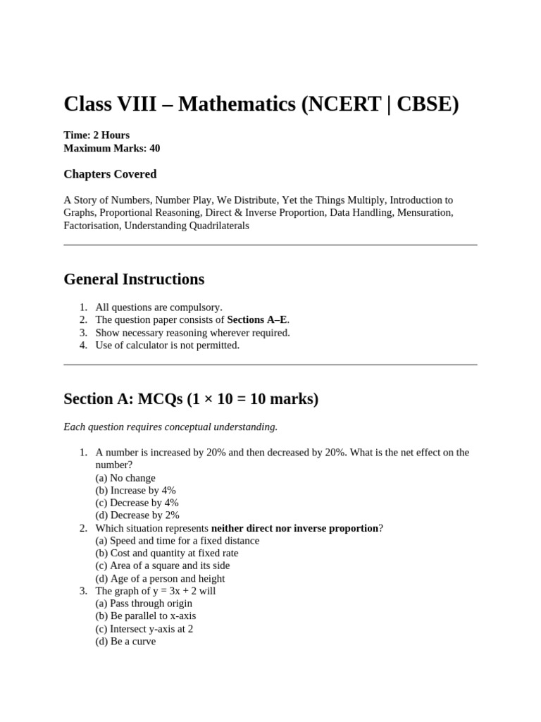 Class VIII Mathematics Exam Paper | PDF | Area | Rectangle